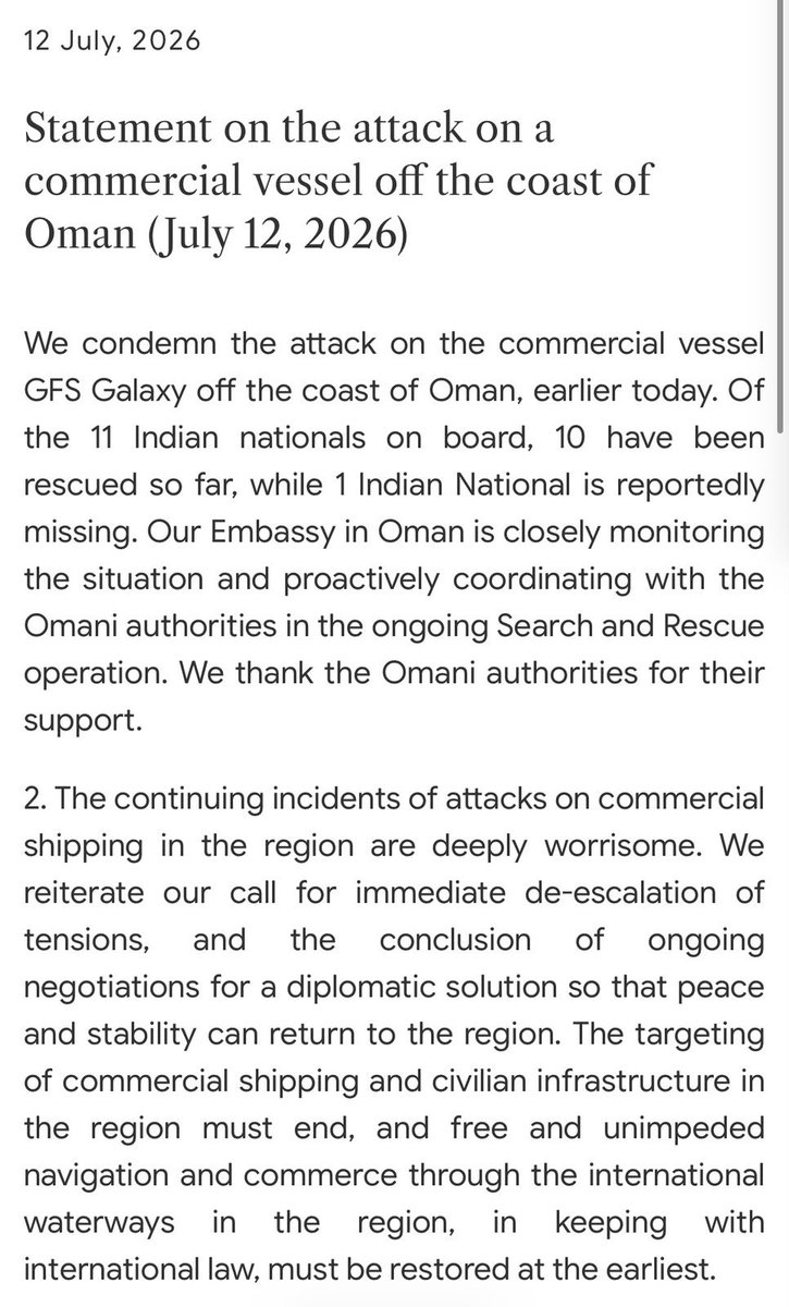 ParthAmol's tweet photo. India condemns attack on commercial vessel GFS Galaxy off the coast of Oman, earlier today.

"Of the 11 Indian nationals on board, 10 rescued so far, while 1 Indian National reportedly missing": MEA https://t.co/Taq3TWOfMK
