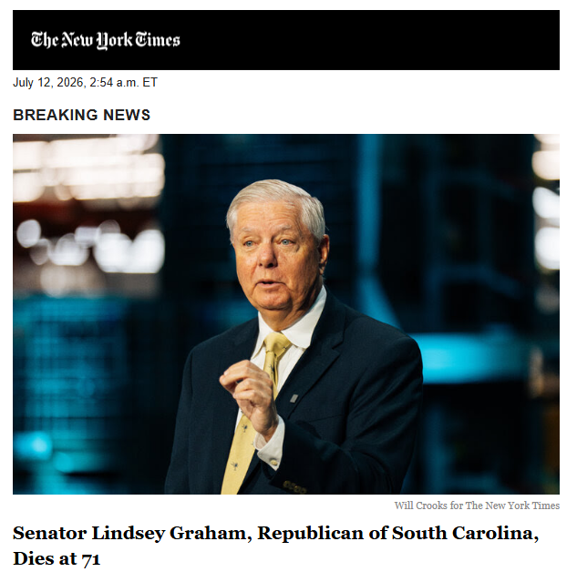 Barchart's tweet photo. BREAKING NEWS 🚨: Lindsey Graham, Republican Senator from South Carolina, has died at the age of 71 https://t.co/xk66f7g3Y0