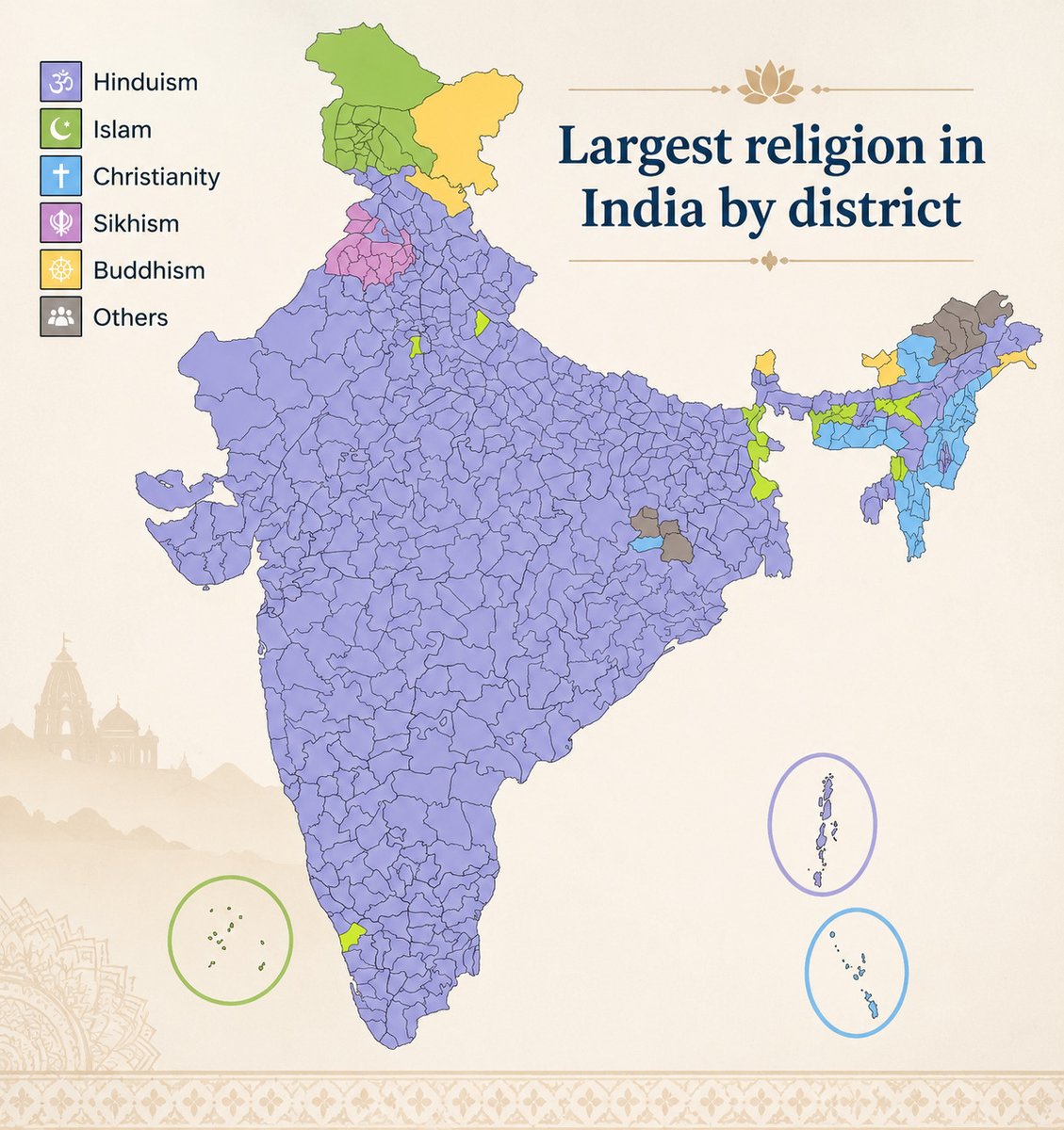 Civixplorer's tweet photo. The most followed religion by district in India 🇮🇳 https://t.co/6C0y0v9Si8