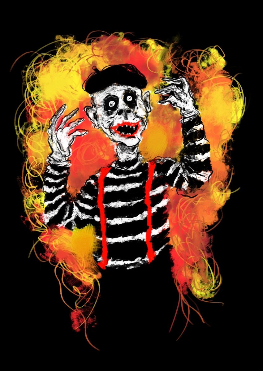 JakeIntoArt's tweet photo. It is reeeally hot this #summer. Even that beloved street #mime will be struggling out there. Show some love with this graphic tee, "The warmth of a mime." Perfect for horror fans, #alternative #fashion lovers, and anyone who likes style with a side of nightmares. 💀 https://t.co/M1JD7tpYsC