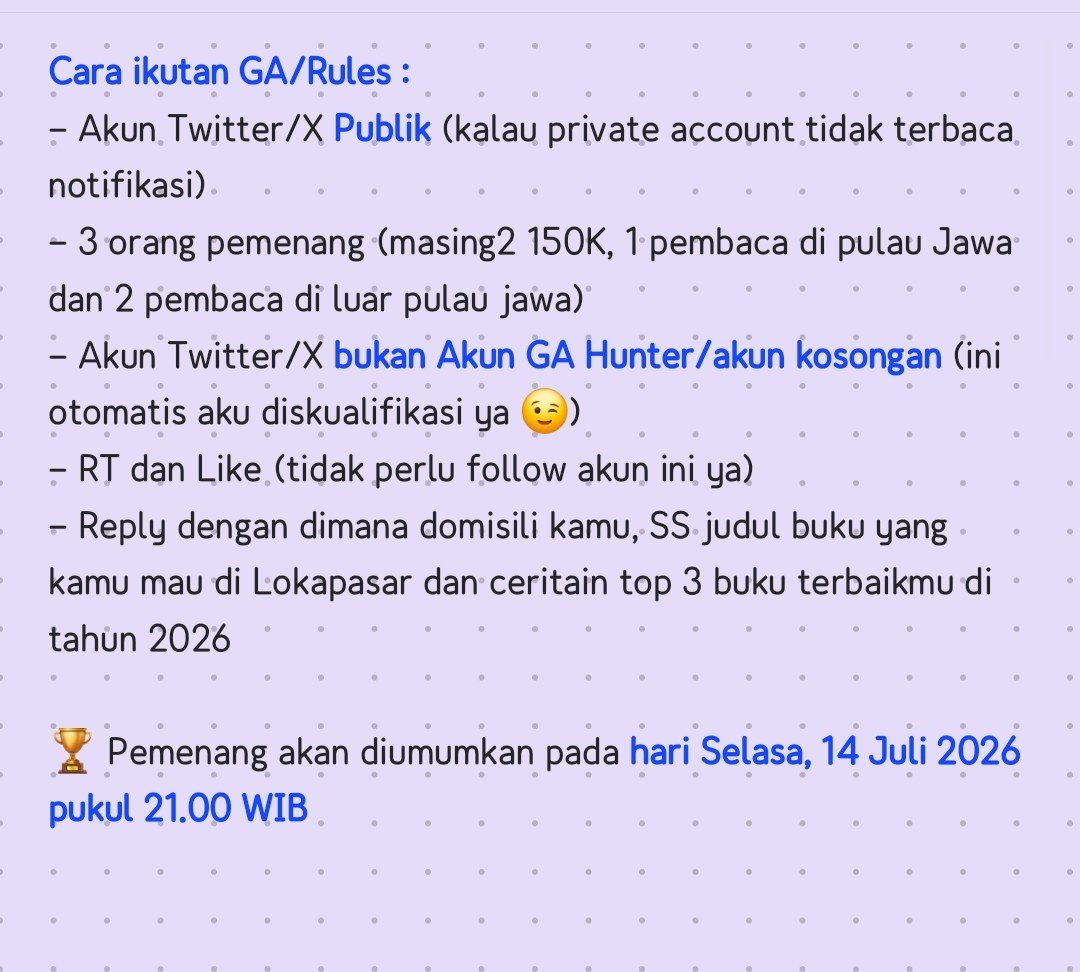 marinareads19's tweet photo. 📚 Giveaway Buku 📚

Dalam rangka aku telah menyelesaikan reading challenge membaca 365 buku di tahun ini, aku mau checkoutin wishlist buku (masing2 150k) untuk 3 orang pemenang ya 🥳🥳

Silakan dibaca rules ikutan Giveawaynya ya.. Terima kasih 💕💕 https://t.co/WRaIep3AOT