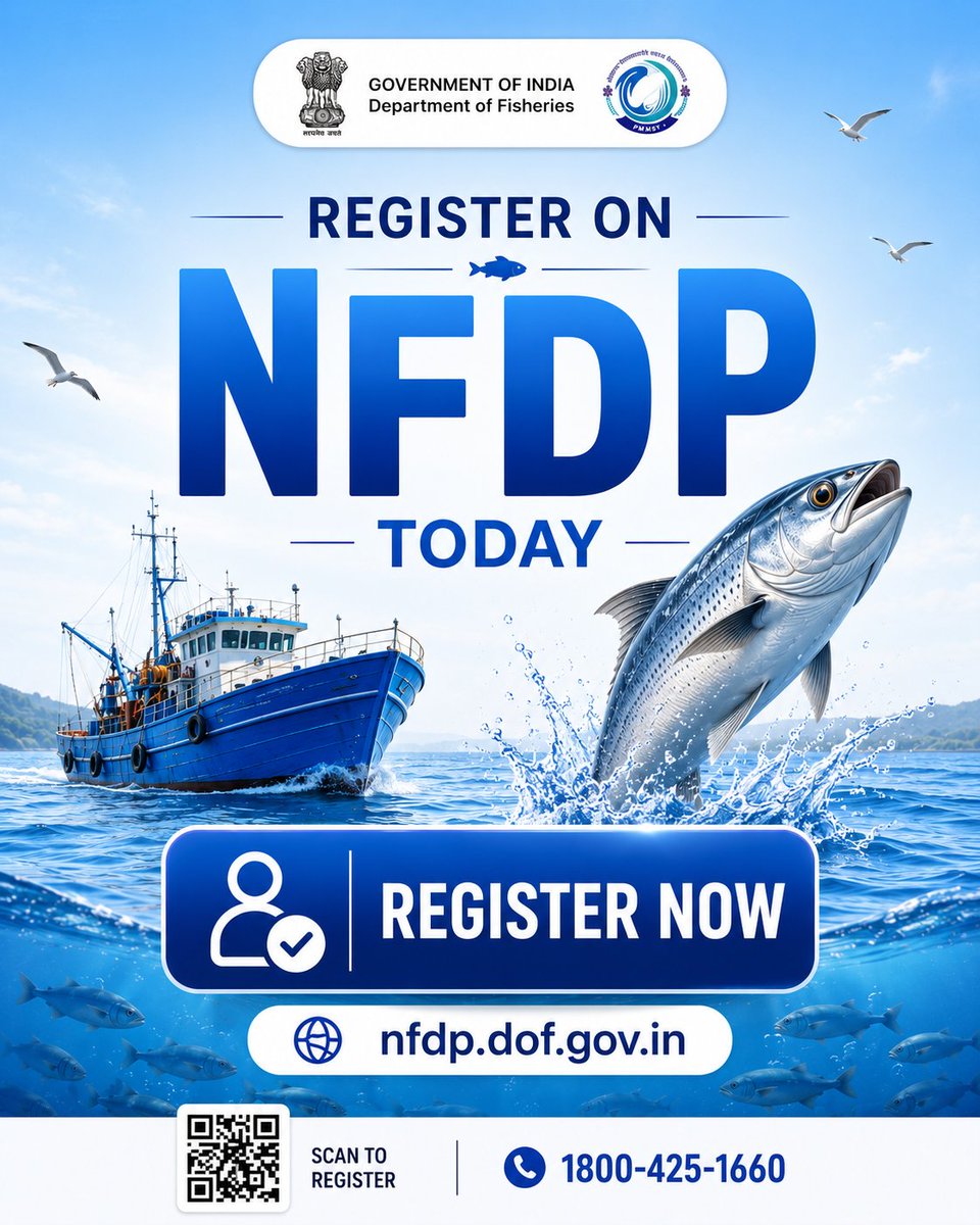 FisheriesGoI's tweet photo. Register on the National Fisheries Digital Platform (NFDP) today.
A single digital platform designed to facilitate access to fisheries services, schemes, and information for stakeholders across the sector.
Visit: https://t.co/F9Gkf1eywT
#NFDP #DigitalFisheries #DepartmentOfFisheries #FisheriesIndia