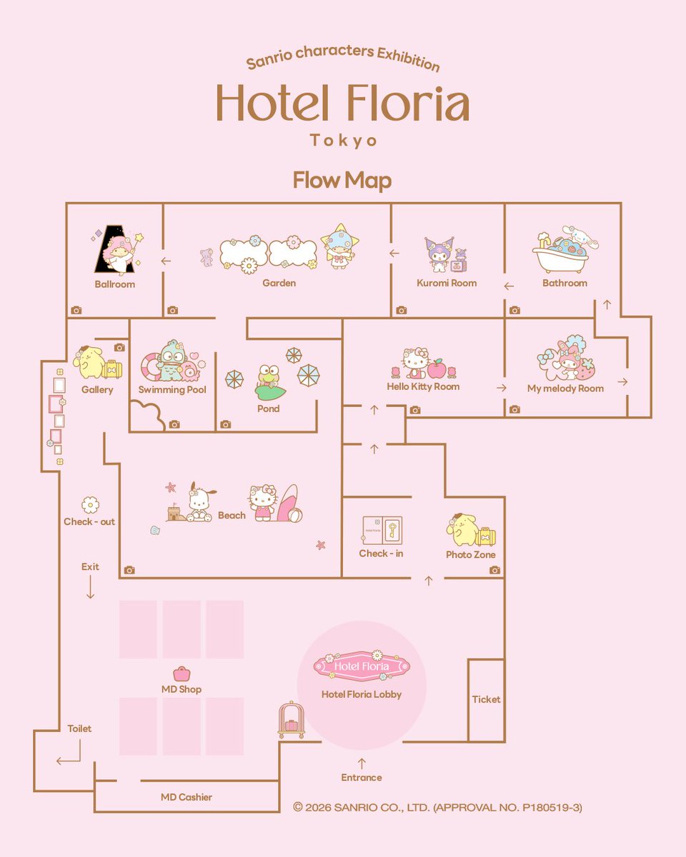 HotelFloria_JP's tweet photo. ⋱会場MAPを公開！⋰

チェックインを済ませたら
#サンリオキャラクターズ が過ごす客室や
ガーデン、ビーチなど
11のテーマルームをめぐる"ルームツアー"へ✨

気になるお部屋を
コメントでぜひ教えてください💬

#ホテルフローリア 7.15開幕🌸
🎫チケット販売中
https://t.co/1i1TbPBm2v

#サンリオ https://t.co/L98rhvsLLG