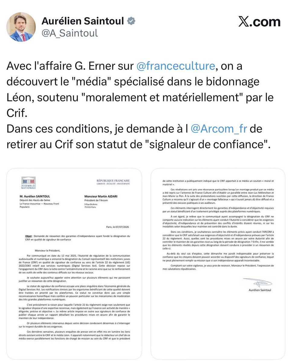 frhaz's tweet photo. . @auroreberge s’interroge sur la raison qui a poussé le député @FranceInsoumise @A_Saintoul à demande à l’@Arcom_fr  réexaminer le statut de « signaleur de confiance » accordé au CRIF, laissant entendre qu’elle y voit des relents antisémites : « cibler @Le_CRIF , ce n’est jamais innocent, jamais anodin. Dans les signaleurs de confiance, il y a énormément d’associations, là il y a uniquement le CRIF qui est visé. Pourquoi ? Parce que c’est une association juive. Moi ça m’interpelle que le CRIF soit la seule association ciblée par ce député LFI. Pourquoi le CRIF est ciblé ? Le CRIF a toujours été partenaire essentiel pour l’Etat et un partenaire de confiance. @Yonathan_Arfi a toute mon estime et tout mon respect. Je redis aussi que cette polémique concernant @guillaumeerner ne justifie en aucun cas qu’il fasse l’objet d’une campagne de harcèlement à caractère antisémite . » #ForumRadioJ @RadioJFrance