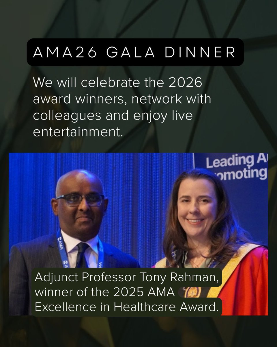 ama_media's tweet photo. AMA26 gives us a chance to celebrate the excellence of doctors in our community. The 2026 awards will be presented at the Gala Dinner, on 29 August. Book your ticket to celebrate: https://t.co/I4SI8NoNAH https://t.co/NK5sIfrvzh