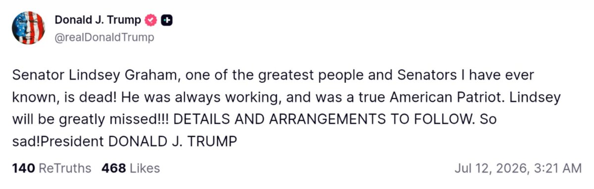 TheSCIF's tweet photo. President Trump releases statement on the passing of Sen. Lindsey Graham. https://t.co/NBUThCPMOQ