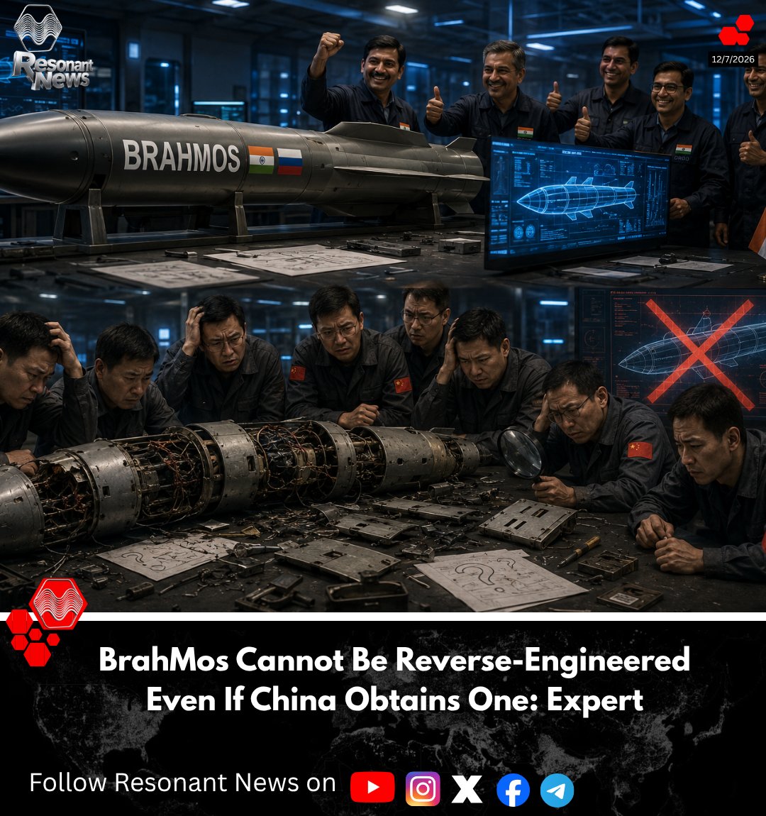 Resonant_News's tweet photo. 🚨BrahMos Cannot Be Reverse-Engineered Even If China Obtains One: Expert

Dr. Sudhir Mishra said the BrahMos supersonic cruise missile's advanced components, specialised metallurgy, and complex software source code cannot be replicated by merely dismantling its outer shell.

 He emphasized that even if China or any other country were to obtain a BrahMos missile, reproducing its sophisticated propulsion and guidance systems would require deep technological expertise and years of research, making simple reverse engineering virtually impossible.