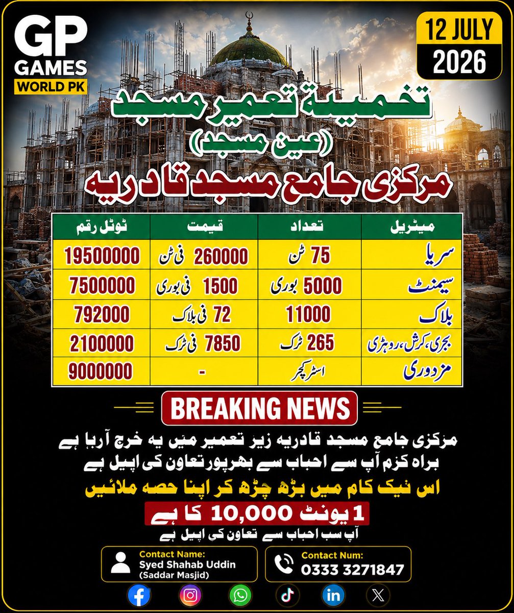 gameworldpk577's tweet photo. 🕌 Appeal for Support in the Construction of Markazi Jama Masjid Qadria

The construction of Markazi Jama Masjid Qadria (Ain Masjid) is currently underway, and your generous support is greatly needed to help complete this noble project. https://t.co/Ikigb7lyiV
