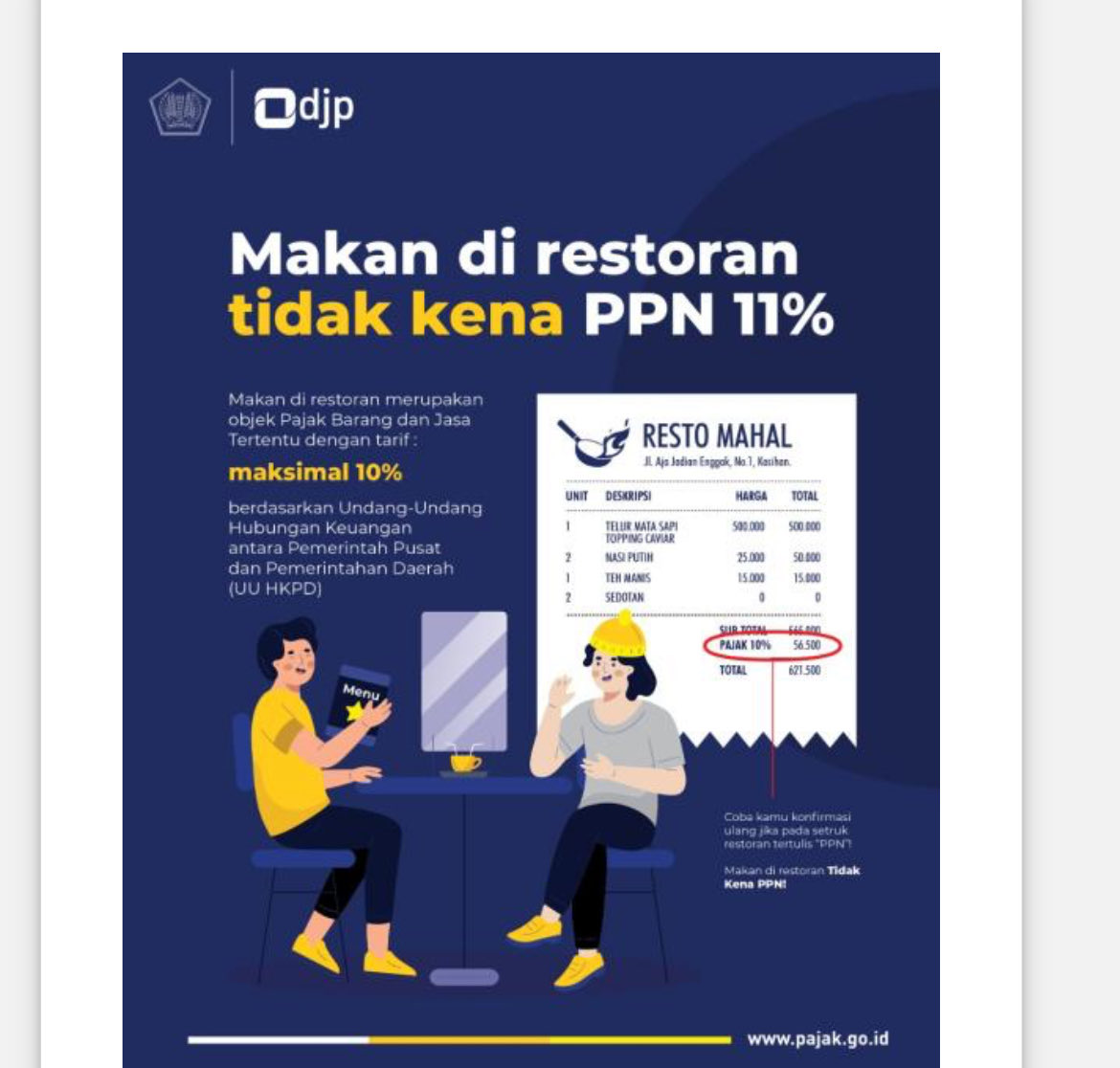 bill_qw's tweet photo. Direktorat Jenderal Pajak sendiri pernah menegaskan bahwa makan di restoran tidak dikenai PPN, sehingga bila ada restoran memungut “PPN 11%” perlu dilihat apakah itu salah penamaan atau memang salah penerapan pajak. https://t.co/mso2d3ZKcW