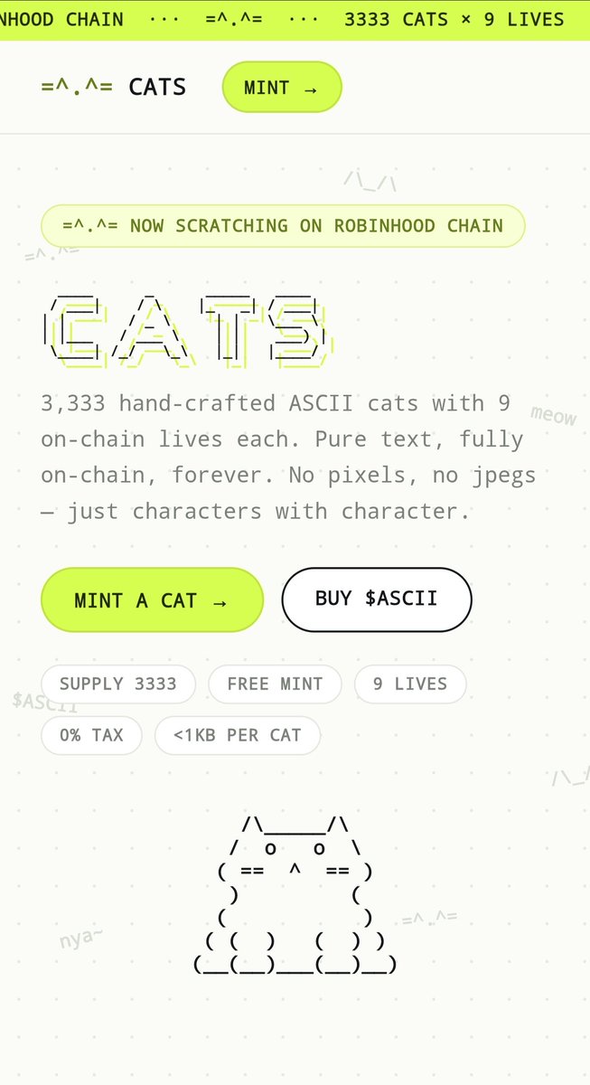 PumpClubX's tweet photo. CATS is a collection of 3,333 cats made entirely of text characters. No jpegs, no IPFS, no servers — every cat, its traits, its art and its whole game live inside the contract itself. Just characters with character.
Free public mint https://t.co/Rrkz8Tjk4K