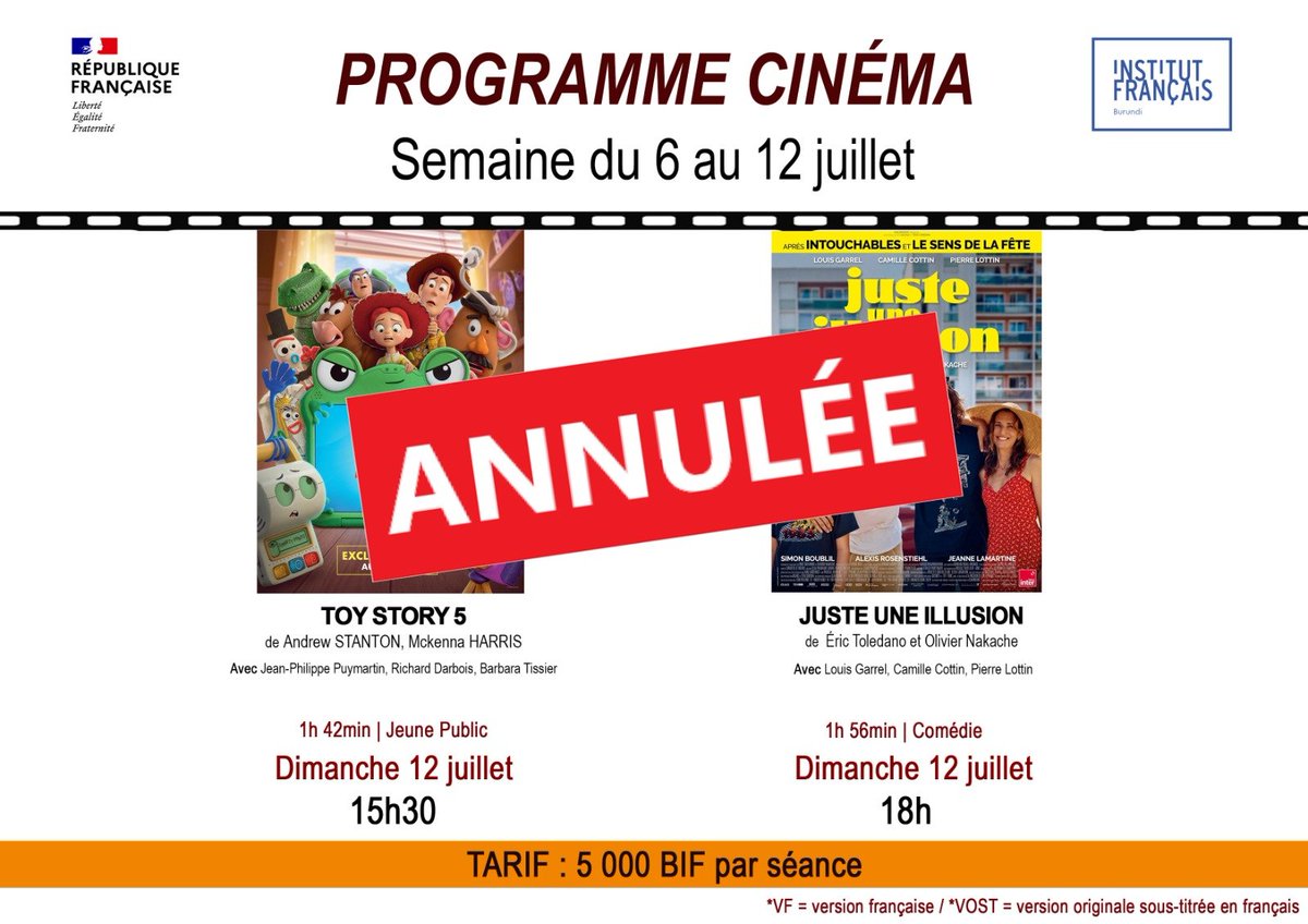 IFBurundi's tweet photo. ⚠️ ANNULATION DES SÉANCES DE CE DIMANCHE

En raison d'un problème technique, les deux séances de cinéma prévues ce dimanche 12 juillet sont annulées.

Nous sommes désolés pour la gêne occasionnée et vous prions de nous excuser pour ce contretemps indépendant de notre volonté. https://t.co/lCoDyClzzj