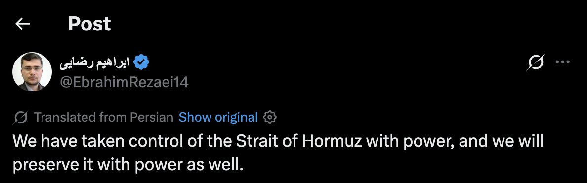 clashreport's tweet photo. Iranian MP Ebrahim Rezaei:

We have taken control of the Strait of Hormuz with power, and we will preserve it with power as well. https://t.co/kGbsl0rhCd