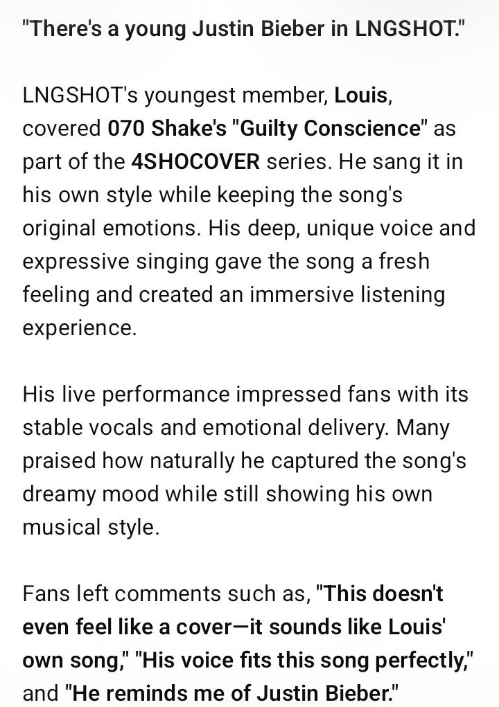 LunaSoc189788's tweet photo. NOVUE mag: "There's a young Justin Bieber in #LNGSHOT." 🔥
LNGSHOT's youngest member, Louis, covered 070 Shake's "Guilty Conscience" as part of the 4SHOCOVER series. He sang it in his own style while keeping the song's original emotions.
#LOUIS 
#루이 
**Omg so proud of you Louis https://t.co/K3wBuDnUnC