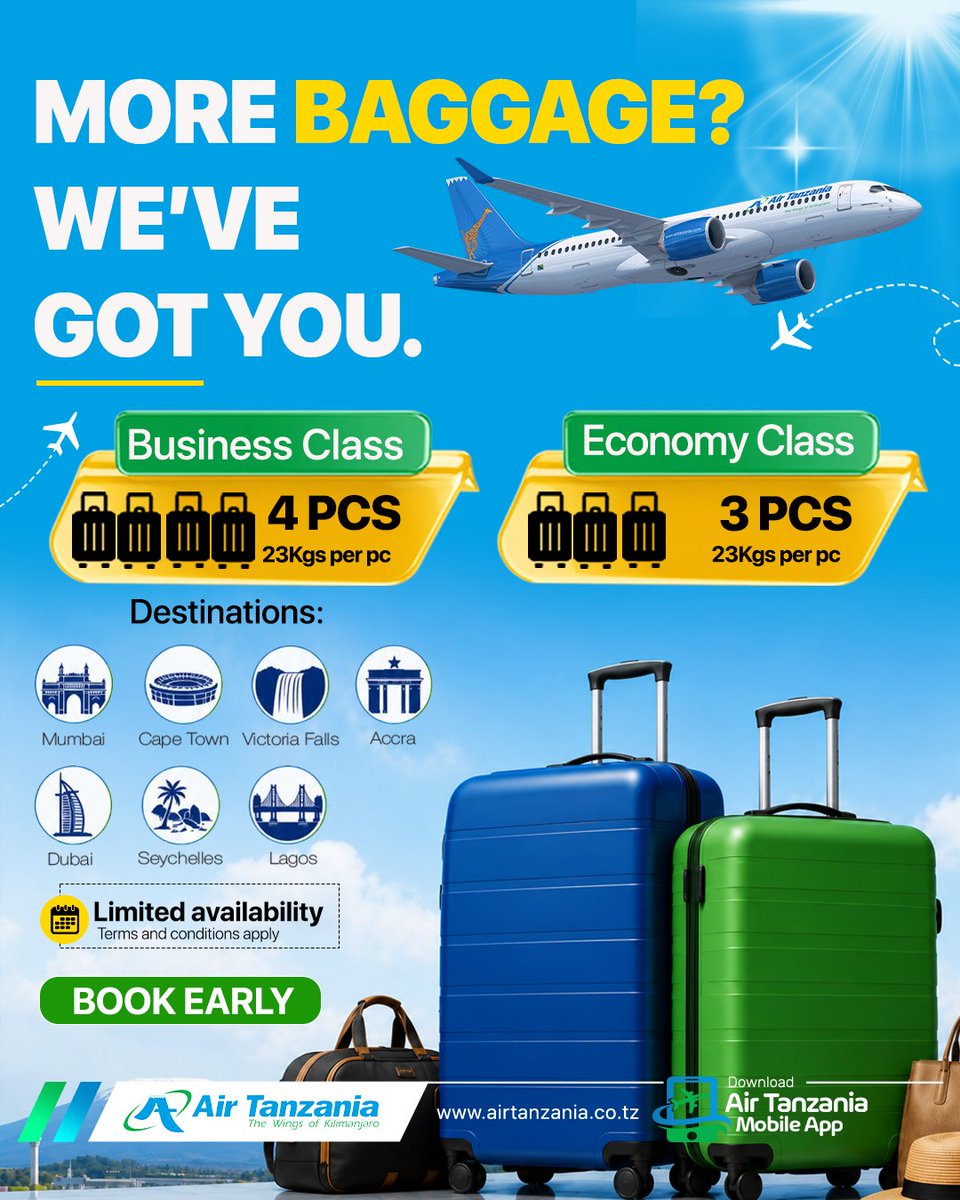 AirTanzania's tweet photo. Pack that extra outfit (or three) because we’re lifting the weight off your shoulders!
Whether you're flying for business or heading out on a dream vacation, we've got you covered with our incredibly generous baggage allowance to select destinations: https://t.co/oEN5iE8rDY