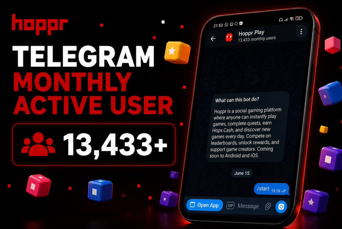 HopprStudio's tweet photo. 13,433 monthly active users.

one feed. no downloads.

thousands of players discovering new games.

we're just getting started.

more games are coming. the flywheel is only beginning. https://t.co/fPLIbg6a04