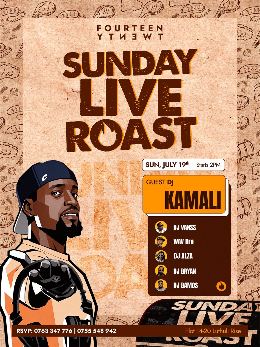 fourteentwenty0's tweet photo. Sundays were made for slow starts and even better roasts. Indulge in tender cuts, crispy trimmings, and a pour of our signature rich gravy-all perfected and paired with a bottomless flow of cocktails for just UGX 120,000.

On the decks: @djvanss_, @Deejay_Bryan , @bamos_deejay, @Kamali_21, @deejay_alza, and Wav Bro