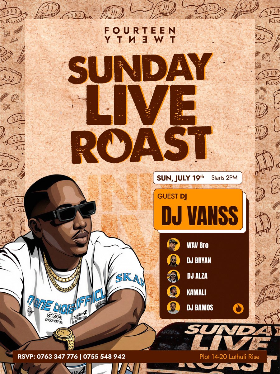 fourteentwenty0's tweet photo. Sundays were made for slow starts and even better roasts. Indulge in tender cuts, crispy trimmings, and a pour of our signature rich gravy-all perfected and paired with a bottomless flow of cocktails for just UGX 120,000.

On the decks: @djvanss_, @Deejay_Bryan , @bamos_deejay, @Kamali_21, @deejay_alza, and Wav Bro