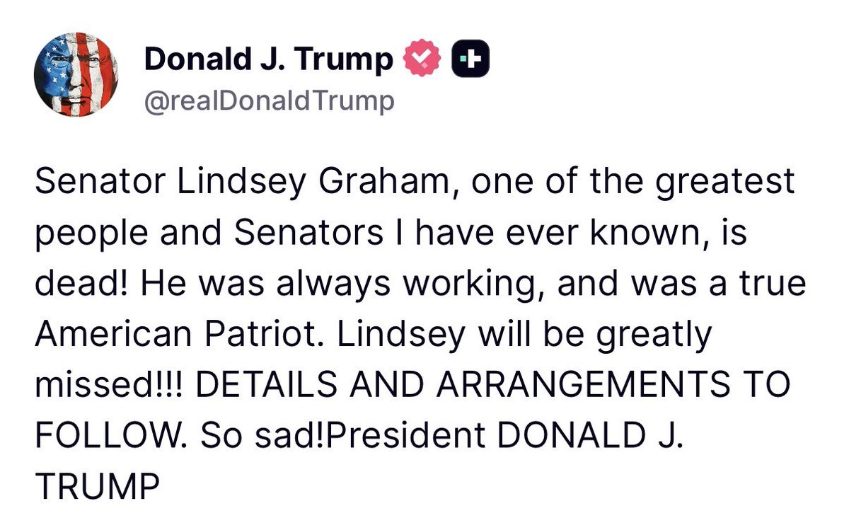 WhiteHouse's tweet photo. President Donald J. Trump on the passing of Senator Lindsey Graham: https://t.co/m2Mb5m1EKz
