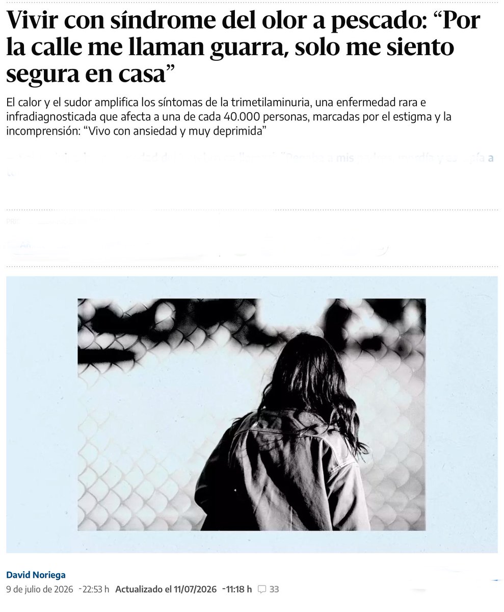 NoInvisibles's tweet photo. El calor y el sudor amplifica los síntomas de esta enfermedad rara e infradiagnosticada que afecta a una de cada 40.000 personas, marcadas por el estigma y la incomprensión.
“Las #EERR que cursan con mal aliento/olor corporal como la #trimetilaminuria, tienen efectos devastadores en la calidad de vida. Hasta el 90% refieren aislamiento y humillación en el trabajo, con pérdida de confianza, estrés, depresión y pensamientos suicidas” @Info_Rares 
También conocida como el ‘síndrome de olor a pescado’, se produce por una falla en la producción de la enzima flavinmooxigenasa (FMO3)
Imagen de la nota en @perfilcom de la investigadora 🇦🇷 sobre #TMAU @Tati_Guendulain
Artículo de @David_Noriega en @eldiarioes👇
https://t.co/ZRWTmT2fgB