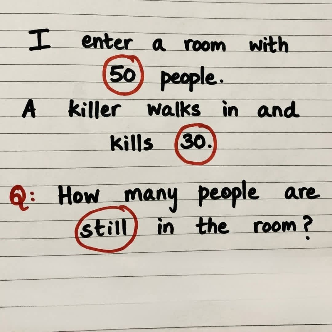 ElenaBee0's tweet photo. How many people are still in the room? 🤔

Think you can solve this? Post your answer below... https://t.co/e3f3oID6nC