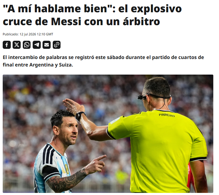 ActualidadRT's tweet photo. Messi explotó en pleno Mundial: cara a cara con el árbitro Pinheiro, dedo en alto y una frase que retumbó en Kansas City: "A mí háblame bien".

El 10 no solo pide faltas… pide respeto.

TODOS LOS DETALLES⬇️
https://t.co/SZwd3QBhVW https://t.co/AJ8z4Iwur0