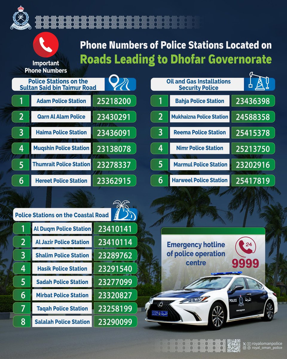 RoyalOmanPolice's tweet photo. رحلة آمنة إلى محافظة ظفار تبدأ بخطوة بسيطة.. تعرّف على أقرب نقاط شرطة عُمان السلطانية وأرقام مراكز الشرطة على امتداد الطريق، لتكون مستعداً لأي طارئ
سلامتك مسؤوليتنا.
#شرطة_عمان_السلطانية https://t.co/IHOSNPA6Lj