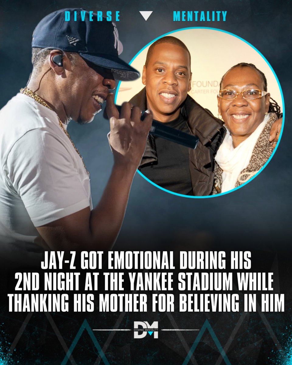 DverseMentality's tweet photo. “I CAN’T SEE ‘EM COMING DOWN MY EYES, SO I GOTTA MAKE THE SONG CRY!” ❤️🐐

Tupac used to say that “Thugs Get Lonely Too” and Jay-Z is showing his fans that sometimes even a gangsta d*ug dealer turnt a music mogul has his feelings. 

During the second consecutive concert at the Yankee Stadium celebrating the 25th anniversary of “The Blueprint” Hov shared a very personal moment thanking his mother for her support while holding his tears: 

“I ain’t gonna cry in front of yall I ain’t gonna do that sh*t, but this woman used to tell me I could be anything and I truly believed her cause I truly trusted her and to this day she’s the one”