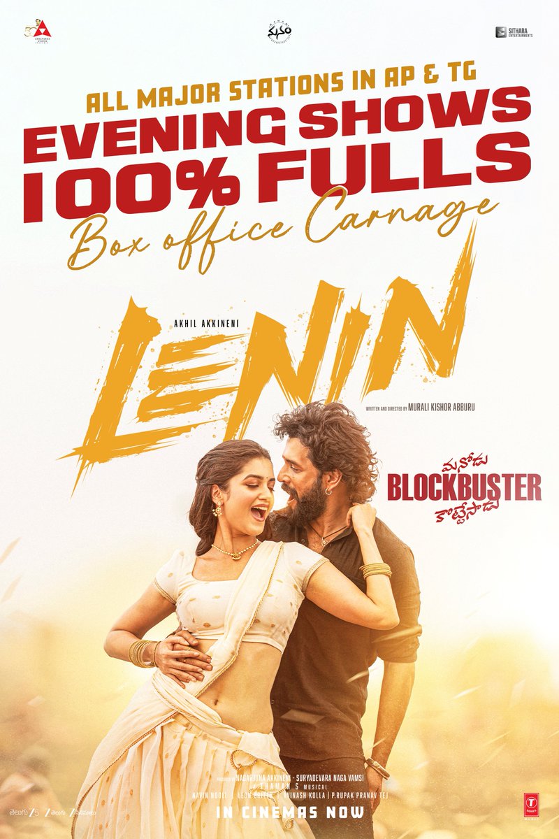 SitharaEnts's tweet photo. The box office is witnessing nothing short of a CARNAGE 🔥🔥

100% Housefulls across all major centres in AP &amp; TG for #LENIN ❤️‍🔥❤️‍🔥

#BlockbusterLENIN 🌋 https://t.co/g4BgYUUjh9