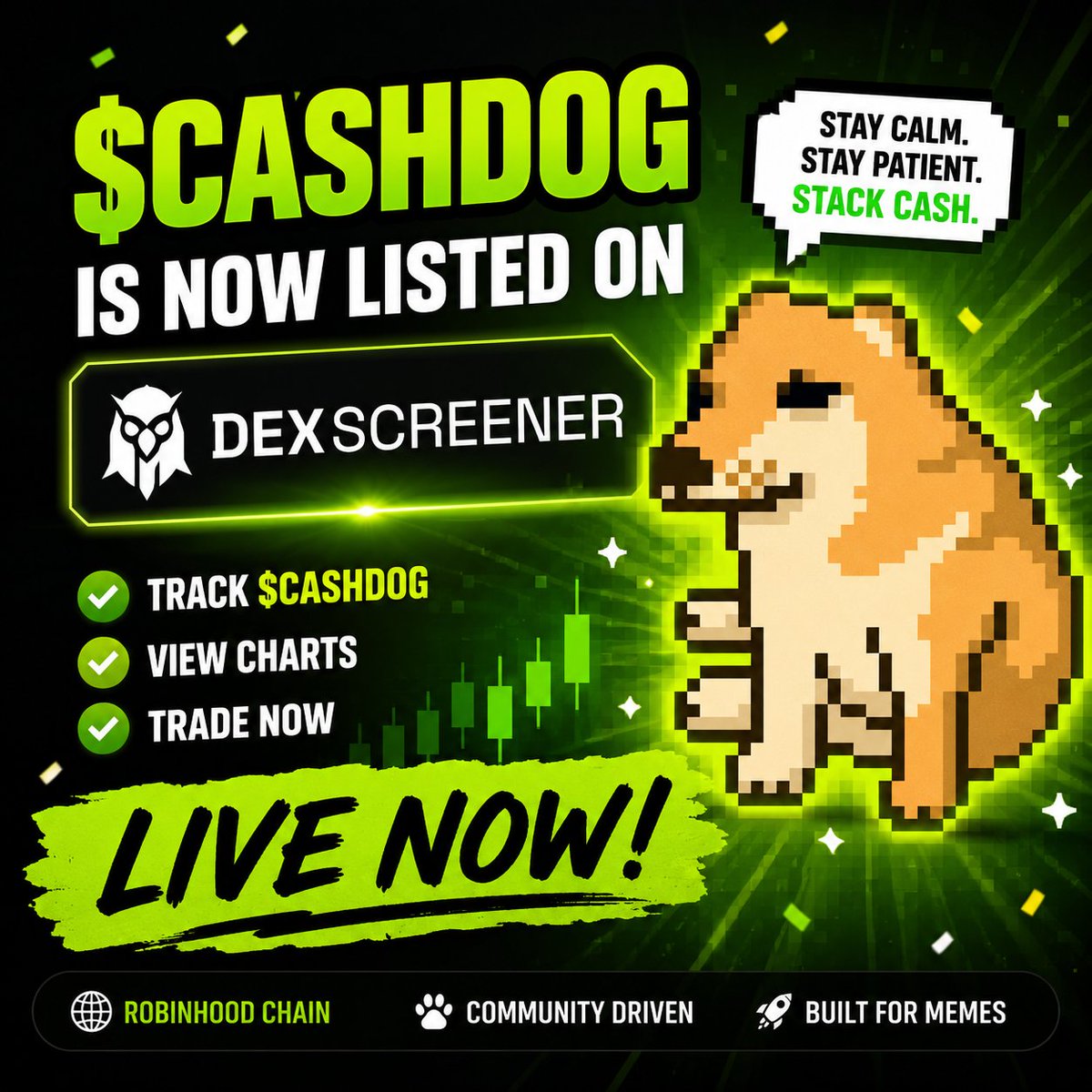 HoodCashDog's tweet photo. 🐶 $CASHDOG is now LIVE on DexScreener! 🚀

The calmest dog on Robinhood Chain has officially arrived on DexScreener.

📈 Track the chart
💹 Follow real-time price action

🔗 DexScreener: https://t.co/anQixXToen

#CASHDOG #Robinhood #DexScreener #Memecoin #Crypto https://t.co/QRtF7EVrhI