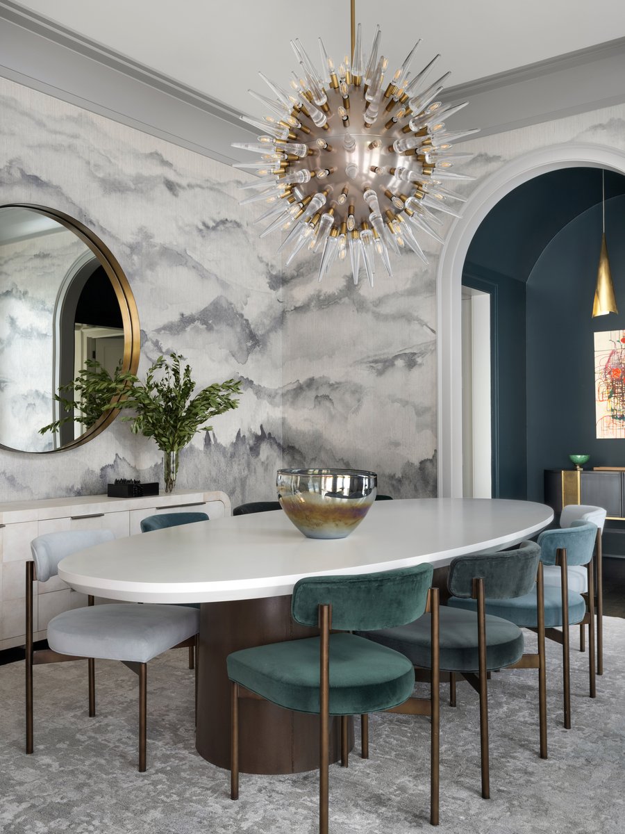 PhillipJeffries's tweet photo. Depth you can feel. Our Beyond wallcovering's hand-layered brushstroke technique creates dimensional blue tones that shift with the light, seen here in a dining room designed by Brian Watford Interiors. Discover the collection and order a sample via the link: https://t.co/s7bm4zqvUw

Photo: Robert Peterson