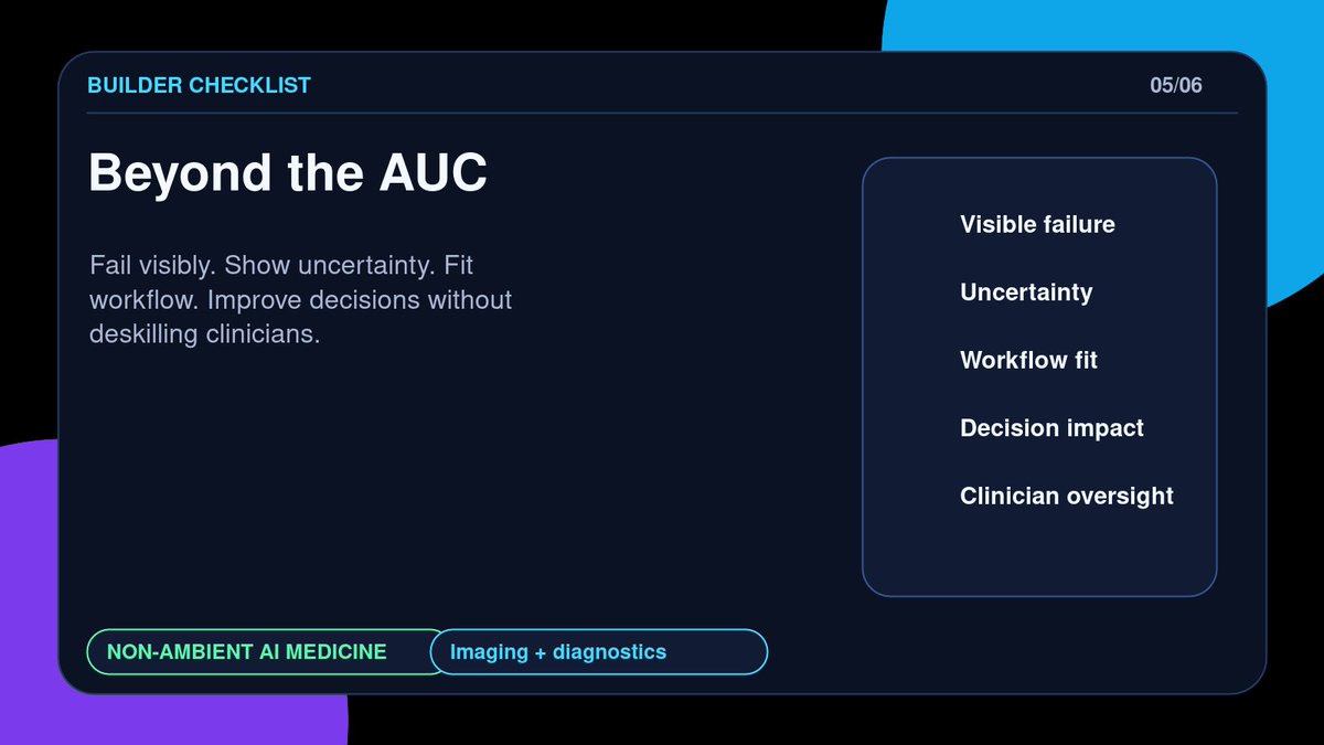 MSaintjour's tweet photo. For builders, the product question is not only “what is the AUC?”

It is:
• does it fail visibly?
• does it show uncertainty?
• does it fit the radiology/dental workflow?
• does it improve decisions without deskilling clinicians? https://t.co/DFVTnnTmg9