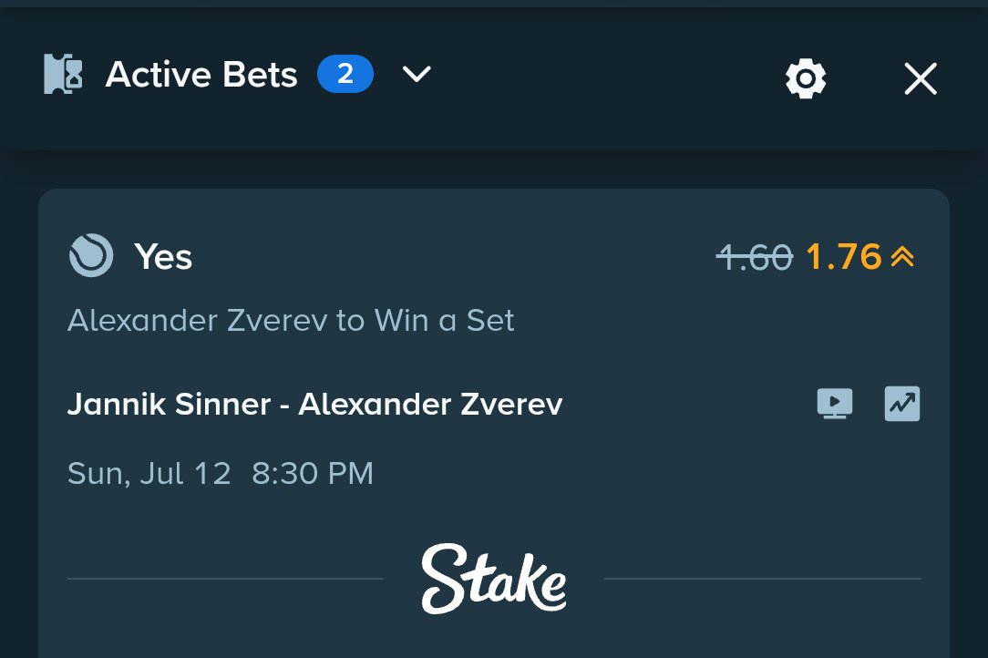 AlphaStakeHQ's tweet photo. Tennis , Wimbledon Finals
Sinner vs Zverev
Pick : Zverev to win a set
Stake : 2.5U @ 1.76
Potential Gain : 1.9
Track record : https://t.co/MrRovLH1wR
Telegram : https://t.co/KqLr8dcXE9

#wimbledon #sinnervszverev #tennispicks #wimbledonpicks #Gambling𝕏 #sportsbetting #stake https://t.co/6bRPSwRtfl
