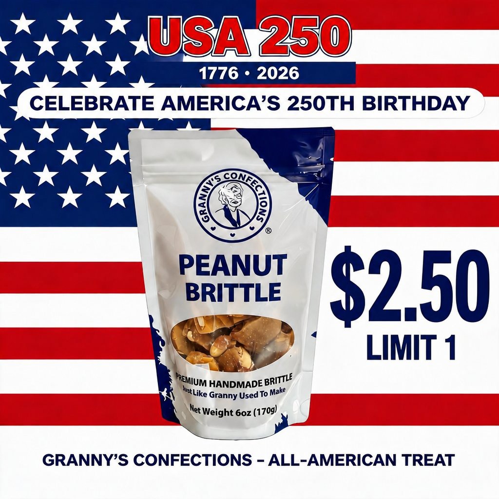 grannysconfect's tweet photo. Celebrate America's 250th Birthday with our traditional Peanut Brittle.  $2.50 for a six-ounce bag of Peanut Brittle.  Add this great deal to your other favorites and celebrate!  Offer expires 7/16/26.  Shop now:  https://t.co/FJ0lsEsXS8 https://t.co/8V2vVhDolN