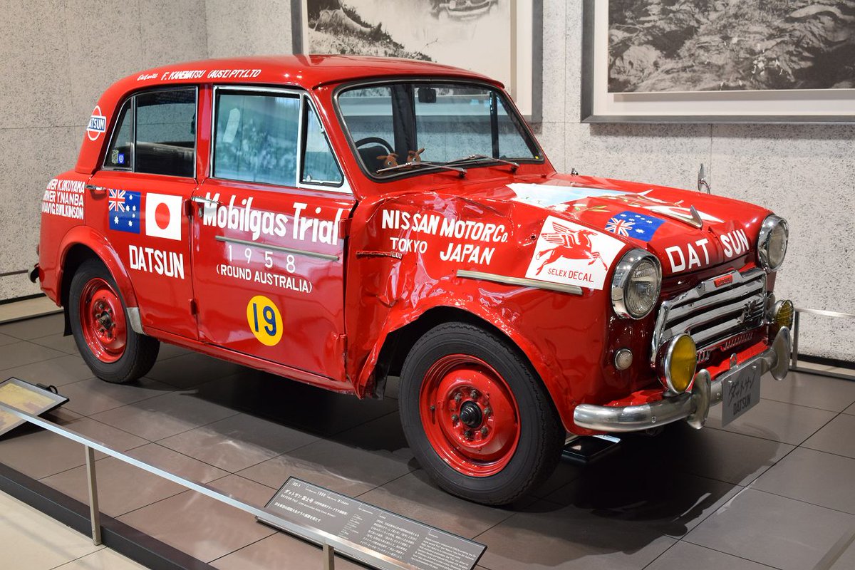 D33006's tweet photo. ダットサン 1000セダン 富士号(ダットサン210型) 1958 (昭和33)年8 月～ 9 月に開催されたオーストラリア一周ラリー、1958 モービルガス・トライアルに挑みクラス優勝。日産自動車はこのラリーが国際競技への初挑戦でした。  
#DATSUN 
#ダットサン富士号 
#NISSAN 
#日産自動車 
#ダットサン210 https://t.co/E4KP35xhMe