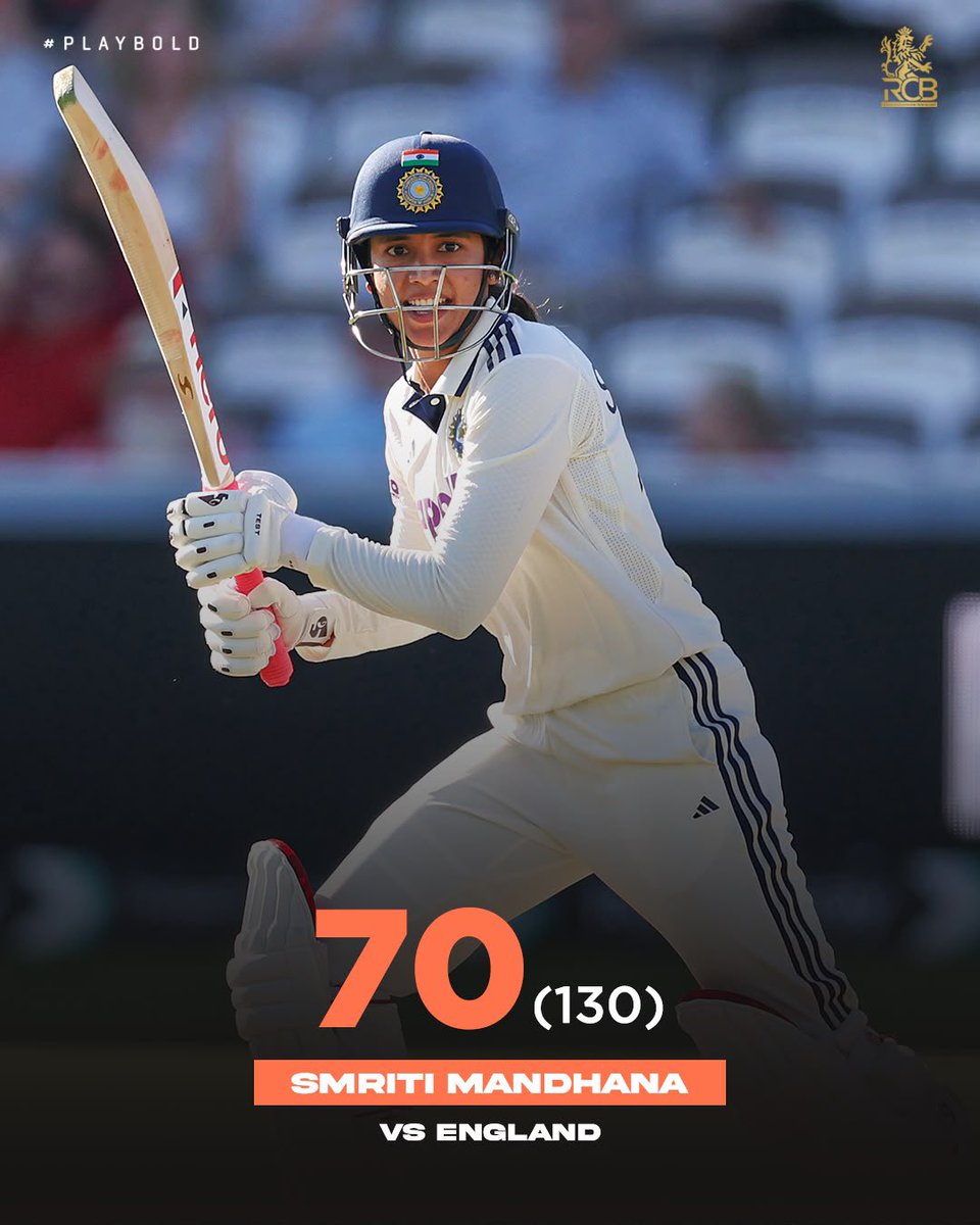 RCBTweets's tweet photo. The Queen doesn’t miss the big moments. 👑❤️‍🔥

Half-centuries in both innings during a historic Test. Smriti Mandhana, take a bow. 🫡

#PlayBold #ನಮ್ಮRCB https://t.co/uFXCXPqyT3