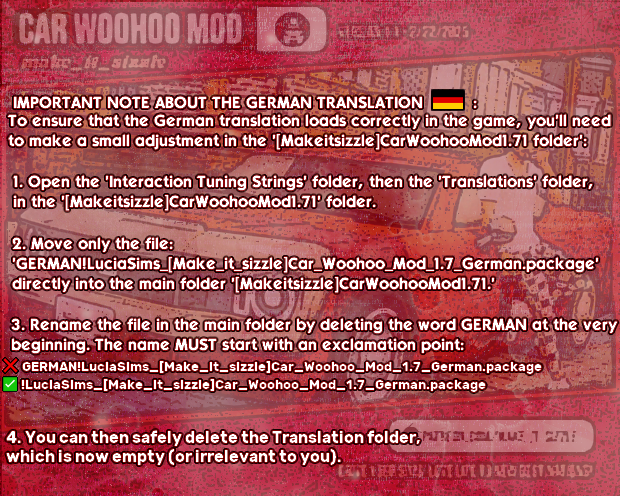LSims28117's tweet photo. 🚨 Crucial Fix for the Car Woohoo Mod German Translation (v1.71)! 🇩🇪

To make sure the German strings load properly in your game instead of staying English, please follow the steps in the attached image. ⬇️

🔗 Download here: https://t.co/nLeCQtXlMG #Sims4Mods #Sims4 https://t.co/YngTtrO1H0