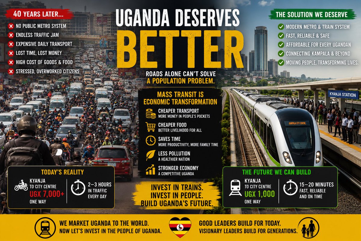 256256writes's tweet photo. Forty years later, and Kampala still has no modern public metro or urban rail system. That should trouble every Ugandan.

We keep celebrating new roads, flyovers, and wider highways as symbols of progress. But building four lanes, six lanes, or even ten lanes will never permanently solve traffic congestion if the number of people and vehicles keeps growing every year. Roads alone cannot keep up with a rapidly expanding population.

The boda boda industry has become the transport system that millions rely on, not because it’s the ideal solution, but because there has never been a serious long-term alternative. Instead of treating this as a national transport challenge that requires investment in mass transit, governments have largely managed the symptoms while leaving the root problem untouched.

Imagine if Uganda had invested in a proper metro or commuter rail network years ago. Imagine reliable trains connecting Kyanja, Ntinda, Bweyogerere, Entebbe, Nansana, Mukono, Wakiso and the city centre. Imagine major rail corridors stretching from Kampala to Masaka, Jinja, Mityana and other regional towns, supported by efficient feeder buses.

A commuter who spends UGX 7,000 or more every day could instead pay around UGX 1,000 to reach the city quickly and safely. That difference isn’t just spare change. It is money that could go toward school fees, food, rent, healthcare, or savings. Multiply that by millions of journeys every month and the impact on household incomes would be enormous.

Mass transit is not just about moving people. It is an economic policy.

Farmers would transport food to Kampala more cheaply. Businesses would lower distribution costs. Workers would spend less time trapped in traffic and more time with their families or earning a living. Companies would become more productive. Pollution would fall. Fuel consumption would decrease. The entire economy would become more competitive.

Instead, we continue asking ordinary Ugandans to carry the burden through expensive transport costs, endless traffic jams, and daily uncertainty.

A country that truly prioritizes its people invests in infrastructure that improves everyday life, not just infrastructure that looks impressive in photographs. Cities around the world learned long ago that roads alone cannot solve congestion. They invested in trains, metros, trams, and integrated public transport because they understood that moving large numbers of people efficiently is what keeps a modern economy alive.

Uganda has incredible tourism potential. We proudly market our country to the world. But shouldn’t some of the wealth generated from tourism and national development also be invested in the people who make this country function every single day?

The boda boda rider, the teacher, the nurse, the market vendor, the mechanic, the security guard, the student, and the office worker deserve a transport system that respects their time and their income.

Development should not be measured only by the number of roads we build. It should be measured by whether an ordinary Ugandan can afford to move around, save money, and improve their quality of life.

Ugandans deserve more than endless traffic, rising transport costs, and promises. They deserve a transport system built for the future.

A modern metro and commuter rail network should no longer be treated as a luxury. It should be seen as a national priority. #UgandaTraffic #PublicTransport #MassTransit #MetroForUganda #UrbanPlanning #Infrastructure #TransportReform #RoadSafety #MobilityMatters #EconomicDevelopment #SustainableCities #BetterUganda