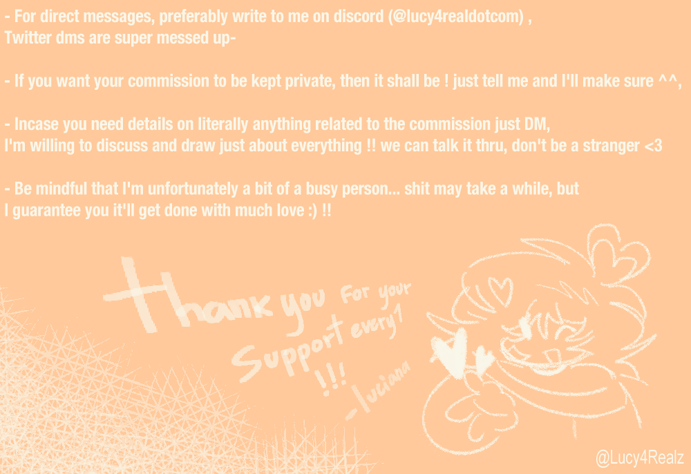 lucy4realdotcom's tweet photo. Finally opening commissions formally YAYYY WOOHOOO

Alo !! Here are some examples of my work, see if you like whatchu see ;)

I can provide more examples if needed on DMs, other details are either on the last pic or can just be discussed privately !! https://t.co/yCkqPKZoEz
