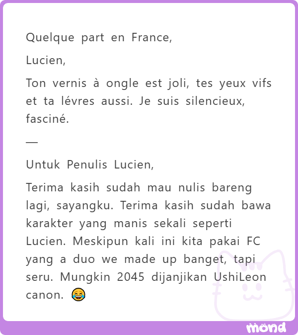 LeGerantMarius's tweet photo. mari kembali ke laptop...

teruntuk PIETRO, cie mau dimasakin tuhhh

lalu ada LUCIEN dari kekasih tercinta

ada untuk tante RENE dan EZEKIEL. sumpah panggilin team katakan putus. https://t.co/hKlItWzjWZ