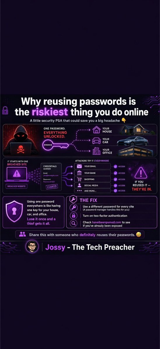 JosephBalogun6's tweet photo. Using the same password everywhere is the biggest mistake you can make online. https://t.co/1H8nUG1TOy