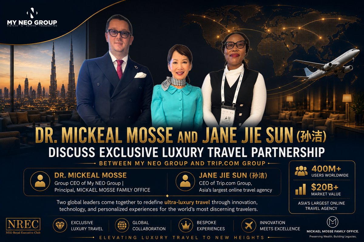 MyNEOGroup_Off's tweet photo. Dr. Mickael Mosse, Group CEO of My NEO Group | Principal, MICKAEL MOSSE FAMILY OFFICE, met with Jane Jie Sun (孙洁), CEO of https://t.co/F9nxXuYP4b Group, Asia's largest online travel agency, to explore the future of luxury travel innovation.
The discussion focused on strategic collaboration, technology-driven travel experiences, and redefining premium global hospitality through innovation and partnership.

🌐 https://t.co/mJxxm2pOQn
🤖 https://t.co/IDc4R1625q
🏛️ https://t.co/4rNSHI3jA4
🏢 https://t.co/NrZEEX2oHj

#DrMickaelMosse #JaneJieSun #TripComGroup #LuxuryTravel #TravelInnovation #MyNEOGroup #Leadership #Technology #Hospitality #GlobalBusiness