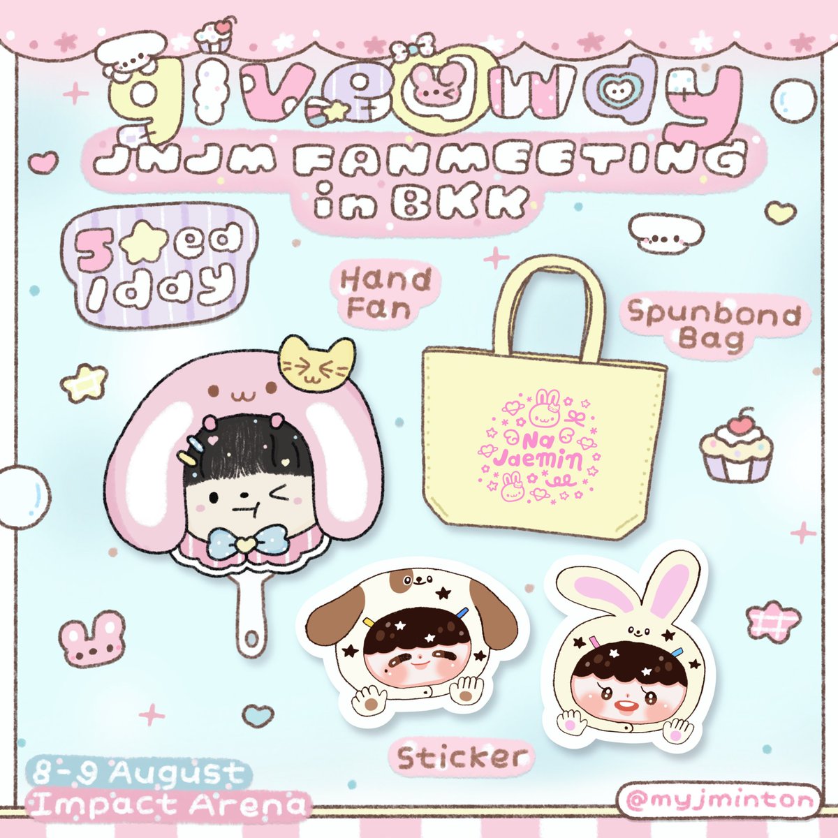 myjminton's tweet photo. 丶˚. pls kindly rt ♡

🐶 giveaway 🐰
nct jnjm duality in bkk

- spunbond bag
- handfan
- sticker jnjm

50 ea/day

8-9 aug
impact arena

｡₍ᐢ..ᐢ₎  rt + show your voting or streaming for proof ♡

#NCTJNJM_FANMEETING_TOUR
#NCTJNJM_FANMEETING_TOUR_DUALITY https://t.co/v3iuryN4XD