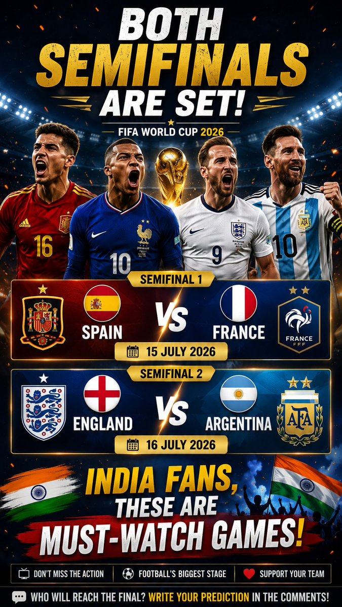 WonderVaultX's tweet photo. Four football giants. Two epic semifinals. One dream. 🔥
If you're a true football fan, you can't afford to miss these matches⚽
💬 Who will reach the final? Drop your predictions in comments👇
#FIFAWorldCup2026 #WorldCup #spain #france #england #argentina #viral #football #fifa https://t.co/jEwCp4K5BT