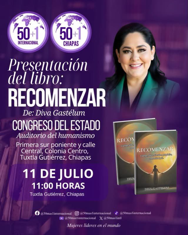 50mas1mexico's tweet photo. En 50+1 México celebramos la presentación de @DivaGastelum #Recomenzar.
Agradecemos la hospitalidad de @50mas1Chiapas y de las diputadas @MonicaAlvarezN y @MaiellaGomezMG, porque siempre habrá una oportunidad para recomenzar y que las mujeres sean protagonistas del cambio. 💜 https://t.co/XluAFpvPOC