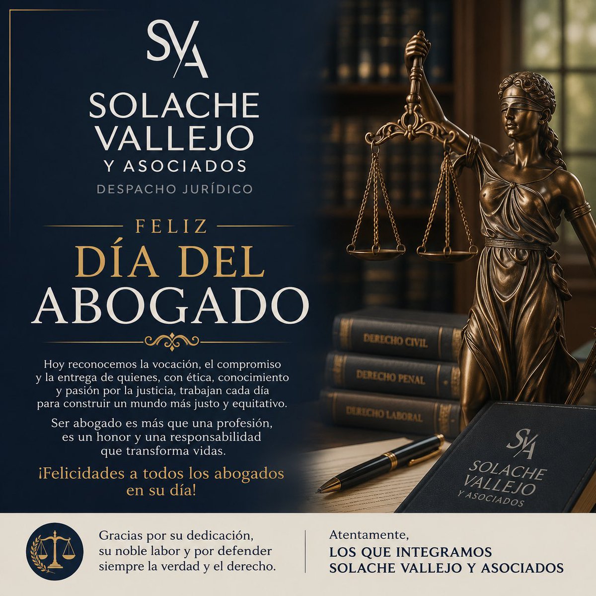 solachevallejo's tweet photo. Hoy queremos felicitar a todas y todos los abogados que, con su preparación, ética y compromiso, trabajan cada día por la justicia y la defensa de los derechos de las personas.

Su labor fortalece el Estado de Derecho y contribuye a una sociedad más justa.

Feliz Día del Abogado https://t.co/KUlX5nKT1N