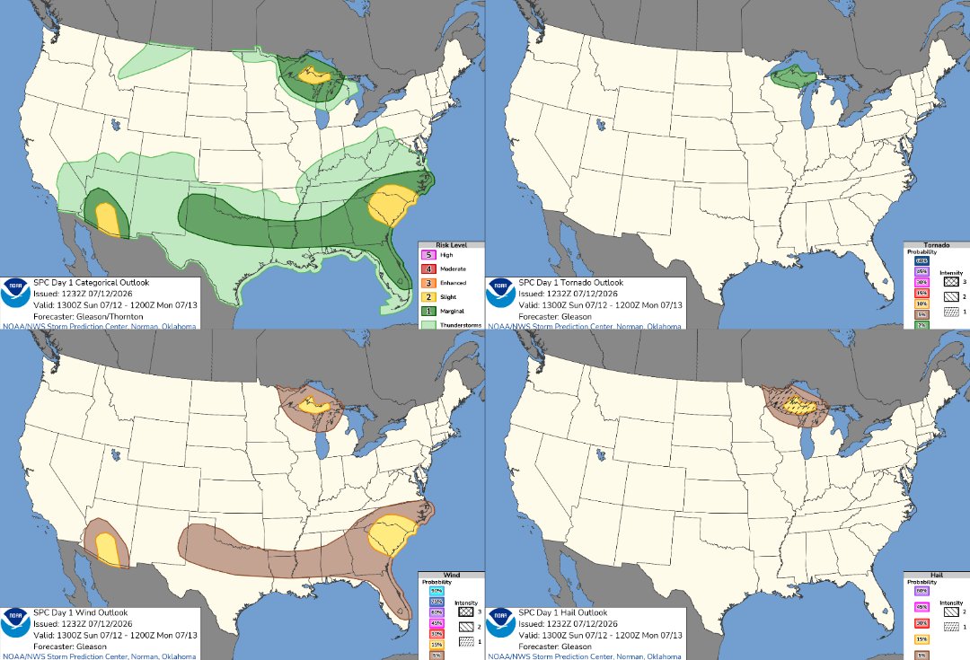 Copacetic_vibe's tweet photo. ⚠️ Details in ALT Text ⚠️

Pay attention to local meteorologists and reliable weather apps if you live in a colored area on the maps. Stay updated on the weather in your area and be prepared with a plan for severe weather. #weather #wx  #SPC #WeatherAware #SevereWeather https://t.co/cARwWLOncF