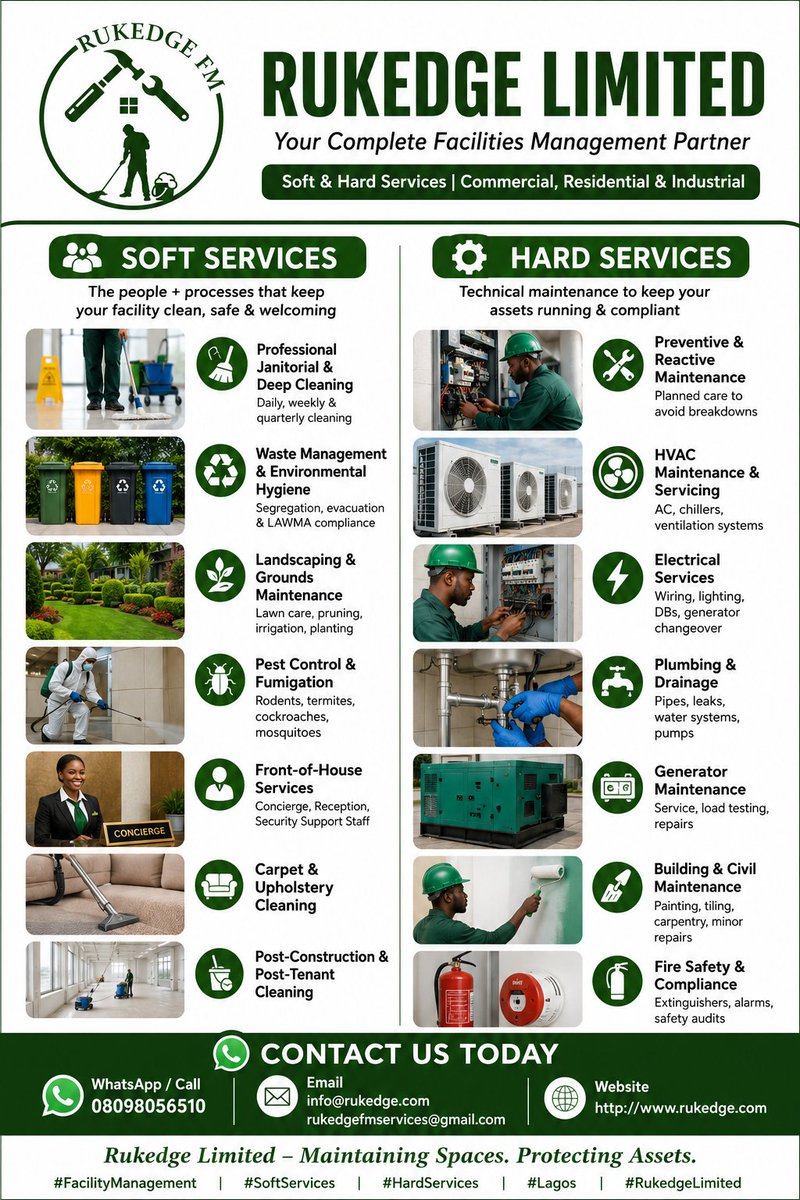 Rukedge's tweet photo. Focus on core business
Stop letting cleaning and maintenance distract you from what matters. Let Rukedge Limited handle the upkeep while you focus on growing your business. 📈
#FacilityManagement #BusinessEfficiency #RukedgeLimited https://t.co/MkdBkOUFCG