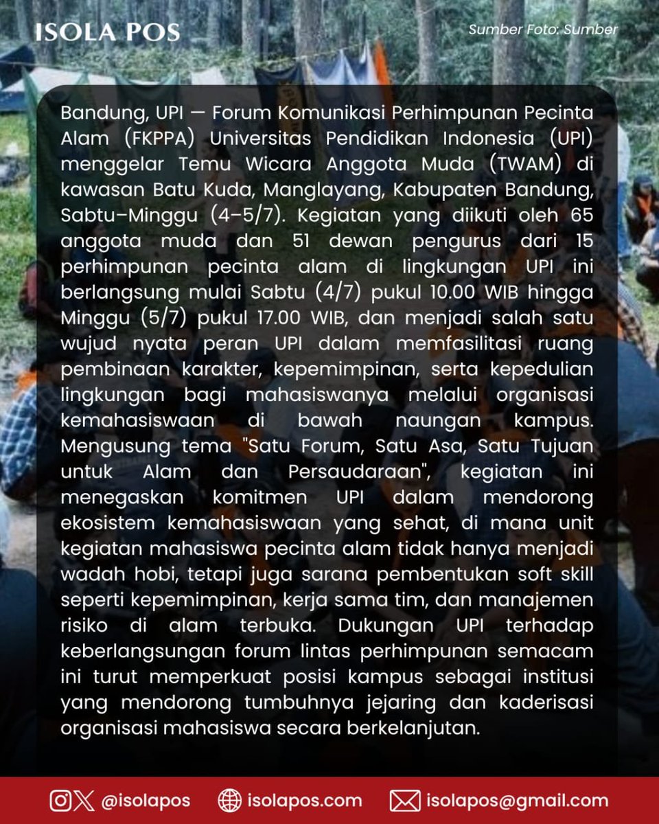 isolapos's tweet photo. Kegiatan yang diikuti oleh 65 anggota muda dan 51 dewan pengurus dari 15 perhimpunan pecinta alam di lingkungan UPI ini berlangsung mulai Sabtu (4/7) pukul 10.00 WIB hingga Minggu (5/7) pukul 17.00 WIB, dan menjadi salah satu wujud nyata peran UPI dalam memfasilitasi ruang- https://t.co/9BdCG9Z0fq