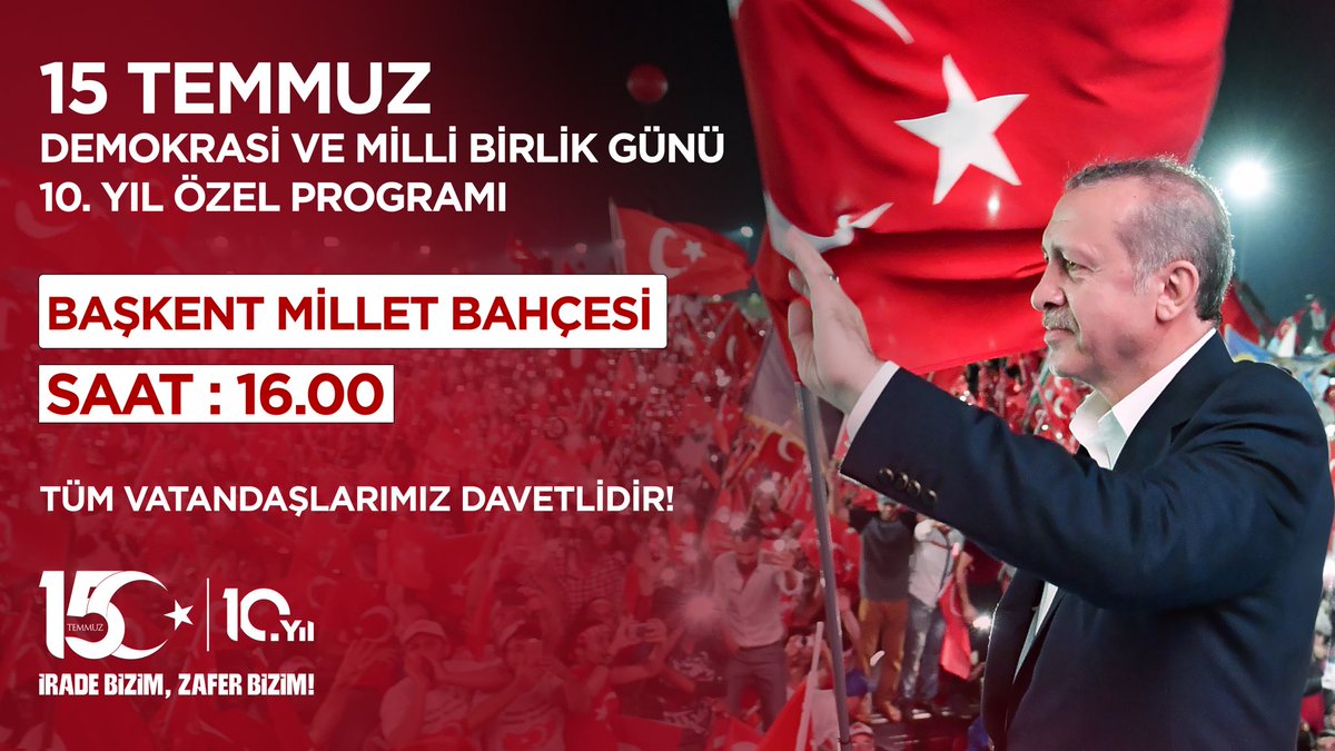 orhankrkrt's tweet photo. Şanlı destanın 10. yılında, milli iradenin zaferini hep birlikte anmak ve birlik ruhunu yaşatmak için Başkent Millet Bahçesi’nde buluşuyoruz.

Tüm hemşehrilerimizi ve vatandaşlarımızı programımıza davet ediyoruz. 🇹🇷

#15Temmuz #DemokrasiVeMilliBirlikGünü https://t.co/iVCDfSKwdG