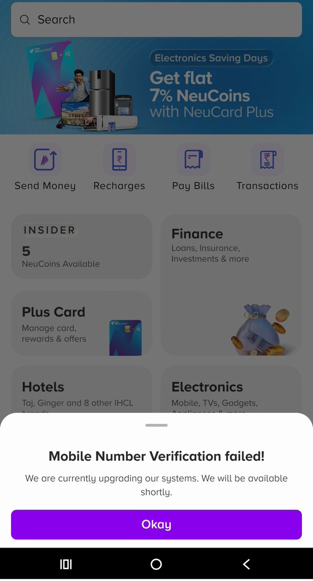gpr_prabhu's tweet photo. Piece of Sh*t @tata_neu - unannounced system upgrades depriving me of the opportunity to pay using your shitty app to earn some extra reward. Called @HDFC_Bank who have conveniently blamed it on you for your tata neu app. Unable to register my sim card and getting this error! https://t.co/c41jdUyz7x